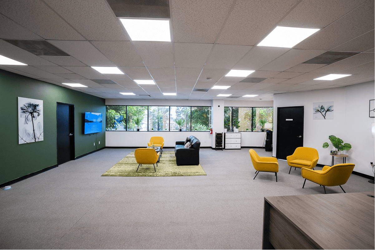 Bright, welcoming counseling office with comfortable seating and large windows.