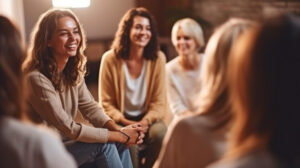 Women listening to a young woman during a group therapy session at a women's rehab in San Diego.