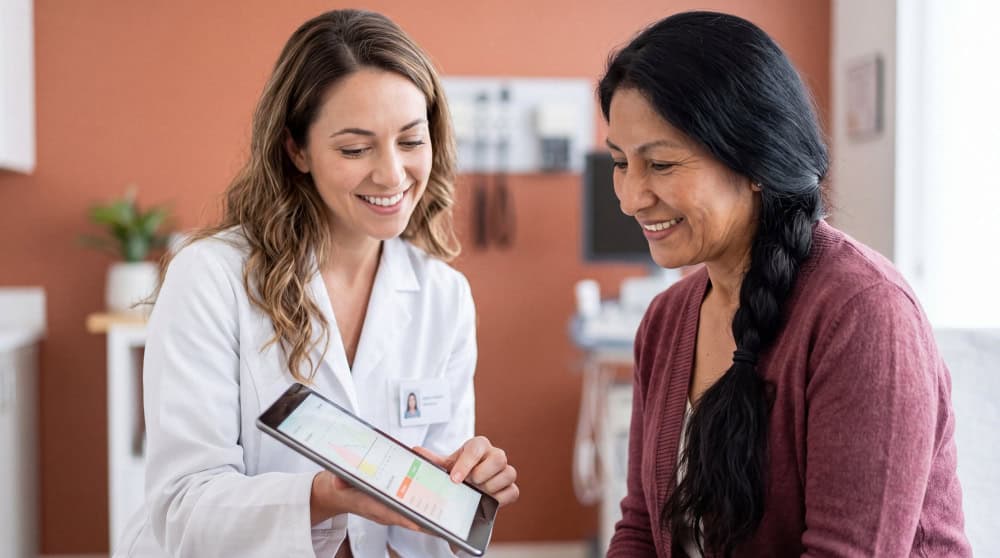 Female doctor showing a tablet to a patient during addiction treatment for professionals in San Diego.